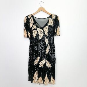 Lillie Rubin Women’s Black Cream All Over Sequin Leaf Illusion Neck Mini Dress